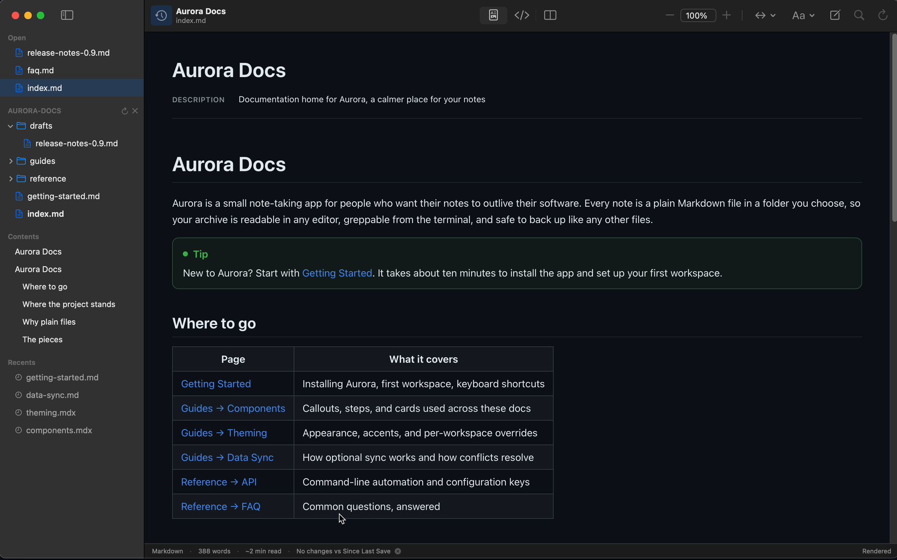 The same document in Twain's dark appearance, with the project sidebar and the rendered Tip callout and table.