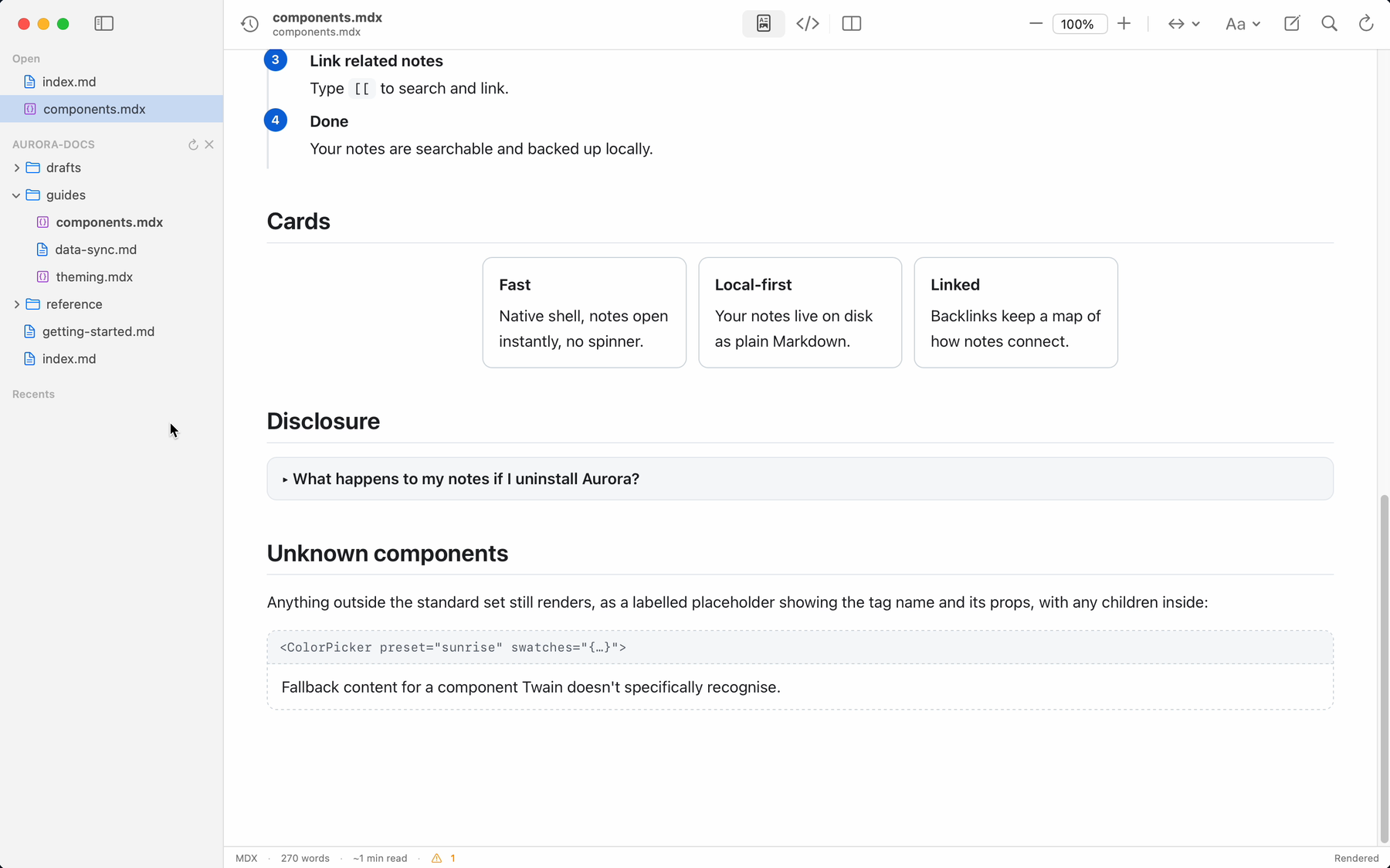 An .mdx guide open in Twain: Cards and a Disclosure render as real UI, and below them an unrecognised ColorPicker component appears as a labelled placeholder showing its props, with its fallback text intact.