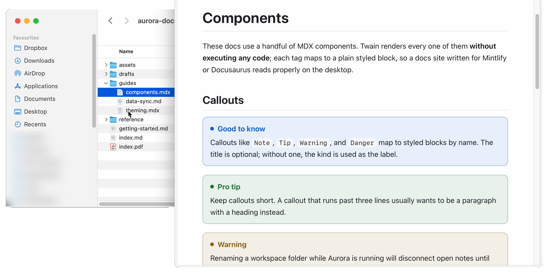 A Finder window with an .mdx file selected, and the Quick Look preview beside it rendering the document with its heading, prose and colour-coded callouts.